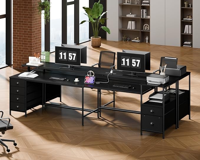 Furologee 95 Two Person Computer Gaming Desk Long 2 Person Home Office Desk with 6 Drawers &amp Storage Shelves Double Table with Power Outlets LED Lights and Full Monitor Shelf Black