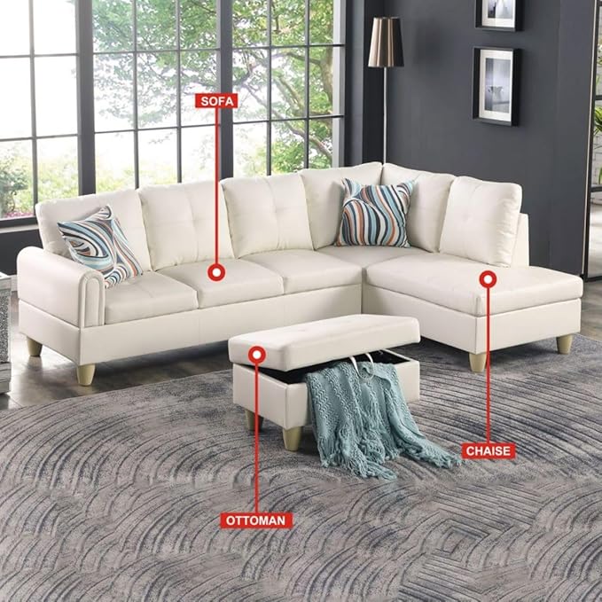 Pearl White L-Shaped 3-Piece Faux Leather Sofa with Storage Ottoman Set Sectional Couch Sofa Set for Living Room Office Small Space