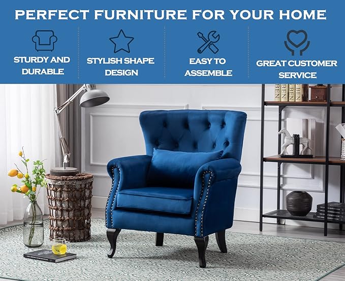 Kmax Velvet Tufted Accent Chair Mid Century Throne Chair Comfy Sofa Chair Padded Seating WingBack Unique Wood Legs Home Club Bedroom Living Room Blue