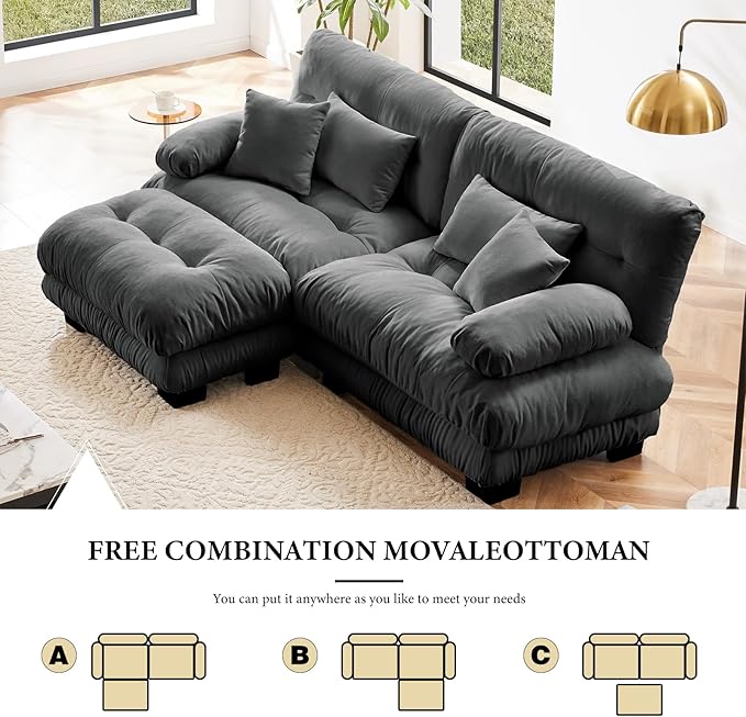 94.4 Loveseat Sofa 2 Seater Modular Sectional Sofa Grey Large L Shaped Sectional Fluffy Couch Chenille Cloud Couch with Ottoman Deep Seat Sofas for Living Room