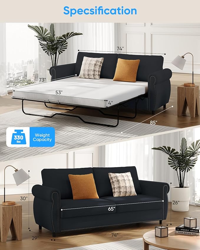 2 in 1 Sofa Bed Queen Size Linen Fabric Pull Out Couch with Folding Foam Mattress Convertible Loveseat Sleeper Sofa with Nailhead Trim for Living Room Bedroom Apartment-Grey