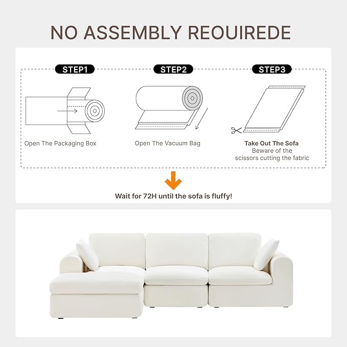 108 Boneless Cloud Couch Sectional No Assembly Required Modular Sofa with Deep Seat for Living Room L Shaped Couch with Ottoman Snowflake Fabric and Memory Sponge White