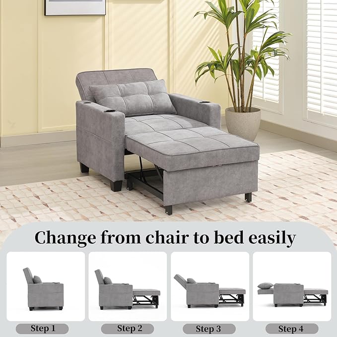 Sleeper Chair Bed Convertible Chair Bed Pull Out Chair Beds with USB Charging &amp Cupholders Adjustable Backrest Leather Futon Chair Bed for Living Room Bedroom (Light Grey(Cloth))