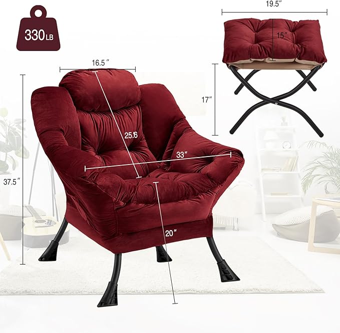 Lazy Chair with Folding Ottoman Modern Large Accent ChairContemporary Lounge Leisure Sofa Chair with Armrests Upholstered Sofa Armchair Reading Chair for BedroomDorm&ampOffice (Dusty Rose-f)