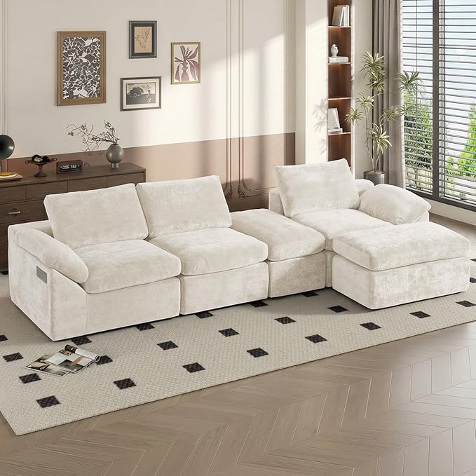 5 Seater Modular Sectional Cloud Couch 108 ”Comfort U-Shaped Boneless Couch for Living Room Deep Seat Sofa Bed with 2 Movable Ottoman High-Res ilience Sponge No Assembly Required White