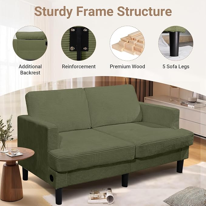 Loveseat Sofa Couches for Living Room 70 Love Seat Sleeper Sofa with USB Upgrade Upholstered 2-Seater Deep Seat Couch Corduroy Small Couch for Bedroom Apartment Office (Light Green)