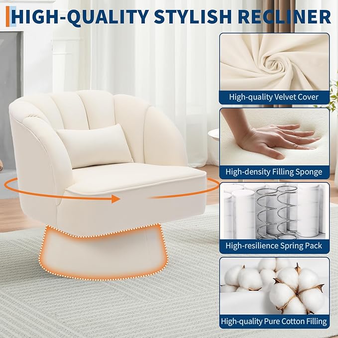 Mid Century Modern Swivel Barrel Chair - 360° Swivel Accent Chair with Plush Velvet Upholstery &amp Wide Cushioned Seat Round Lounge Sofa Chair for Living Room Bedroom Office (Beige 1 PCS)