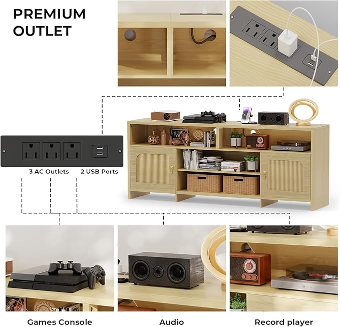Fluted TV Stands for Living Room 70 Mid-Century Modern Entertainment Center with LED Lights and Open Storage Shelves Curved TV Media Console (Natural Oak)