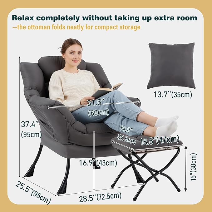 Lazy Chair with Ottoman Large Accent Chair with Ottoman and a Throw Pillow Dark Grey Reading Chair for Living Room Bedroom Dorm Room Office Apartment Relaxing Use