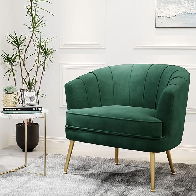 Andeworld Velvet Accent Chair Set of 2 Upholstered Modern Single Sofa Side ChairComfy Barrel Club Living Room Armchair with Golden Metal Legs for Bedroom Living Reading Room Office Green