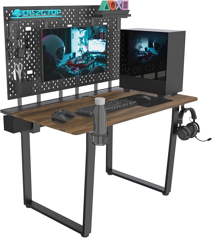 Dezctop Bifrost 120 47W x 28D Gaming PC Computer Desk with Shelves Large Workstation for Gamers or Home Office with Pegboard Built-in Cable Management Stainless Steel Frame (Walnut)