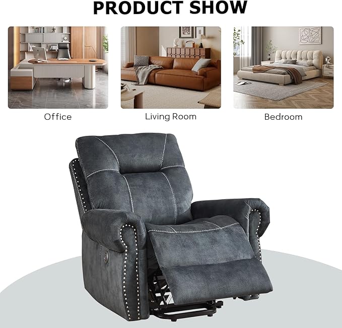 CANMOV Power Lift Recliner Chair with Massage and Heat Soft Fabric Massage Recliner for Elderly Overstuffed Single Reclining Sofa Vintage Rivet Mid-Century Design for Living Room Grey