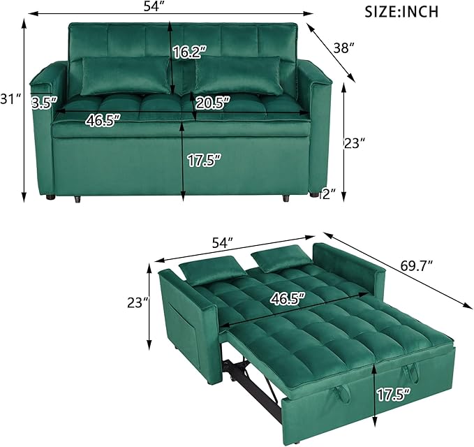 3 in 1 Pull Out Couch Bed Convertible Futon Sofa Bed Velvet Sleeper Loveseat for Small Living Room Adjustable Backrest Comfy Pillows Side Pocket (Green)