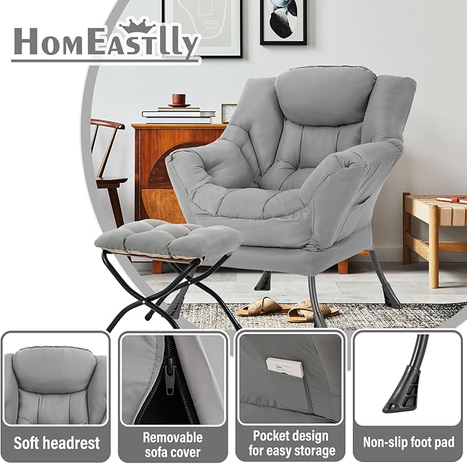 Lazy Chair with Ottoman Large Light Grey Accent Chair with Ottoman Comfy Reading Armchair Leisure Sofa Chair for Living Room Bedroom Dorm Room Office