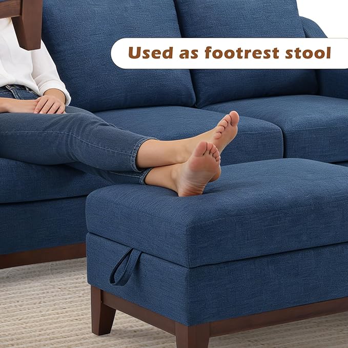 Multifunctional Storage Ottoman with Flip-Top Table Upholstered Soft Fabric Footrest with Storage Space Stylish Coffee Table with Solid Wood Legs for Living Room Blue