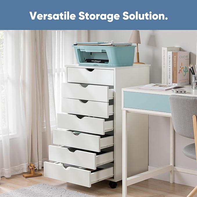 OLIXIS 7 Drawer Mobile File Cabinet Under Desk Storage Organization with Wheels Vertical Filing Chest Rolling Wood Small Desk Printer Stand for Home Office 15.75D x 18.74W x 34.25H White