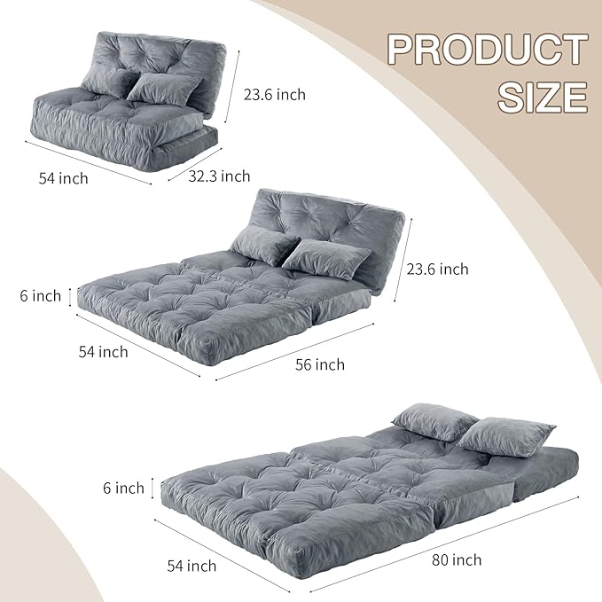 Folding Sofa Bed Convertible Sleeper Chair with Pillow Foldable Mattress with Back Support Portable Fold Out Chair Bed Comfy Floor Sofa Lounge for Living Room Bedroom Dark Gray Full 80x54 Inch