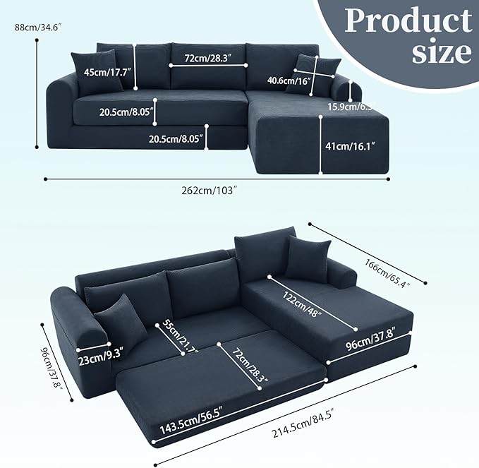 KBQ Modular Sectional Couch in a Box 103 L Shaped Boneless Cloud Couch with Deep Seat Convertible Sofa Bed for Living Room Apartments No Assembly Required Navy Blue Right Facing Chaise