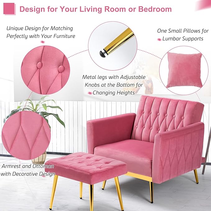 Velvet Accent Chair with Adjustable Armrests and Backrest Button Tufted Lounge Chair Single Recliner Armchair with Ottoman and Pillow for Living Room Bedroom Pink