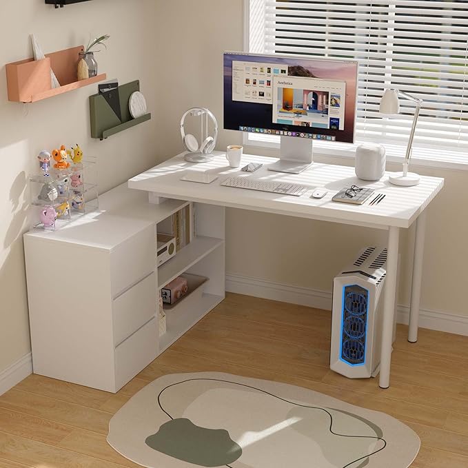 L Shaped Computer Desk 47 Inch Home Office Desk with File Drawers &amp Storage Shelves Small Corner Computer Desk for Small Space (White)