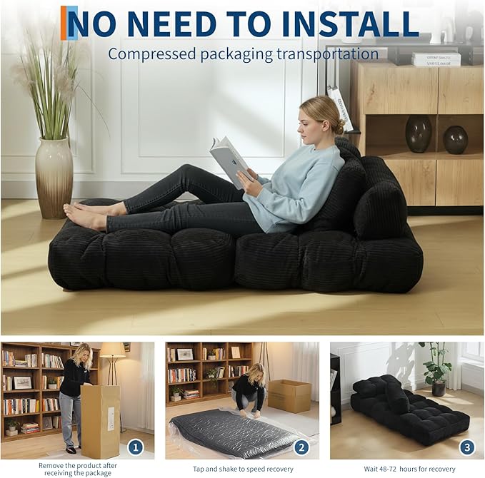 Folding Sofa Bed Convertible Sleeper Chair with Pillow Foldable Matress with Back Support Portable Fold Out Chair Bed Comfy Floor Sofa Lounge for Living Room Bedroom Black Single