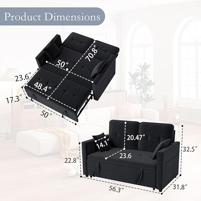 Pull Out Sofa Bed: 71 Black Convertible Loveseat Sleeper Sofa Bed for Small Space Modern 3 in 1 Couch with Storage Couch Beds for Living Room (Black)