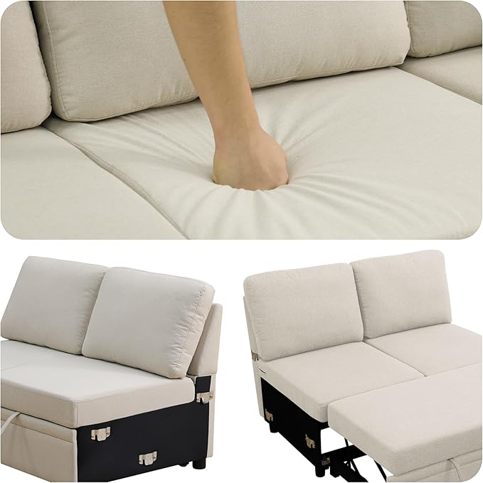 102 Inch Pull Out Couch Convertible Sofa Bed for Living Room Comfortable Sleeper Sofa with Pull Out Bed Modern Sectional Couches with Ottoman Storage Easy Assembly for Apartment Off-White