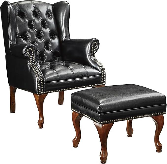 Coaster Home Furnishings - Roberts - Faux Leather Upholstered Wingback Chair and Ottoman Set with Tufted Seat Nailhead Trim and Rolled Arms - Living Room - Black and Brown - 900262