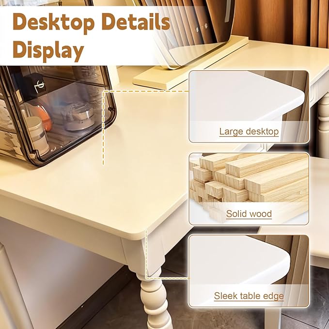Solid Wood French Country DeskWriting Desk with Storage DrawersFarmhouse Computer Table Makeup Table Modern Simple Stylefor Home Office Living Room Study Workspace Bedroom (White 47.2IN)