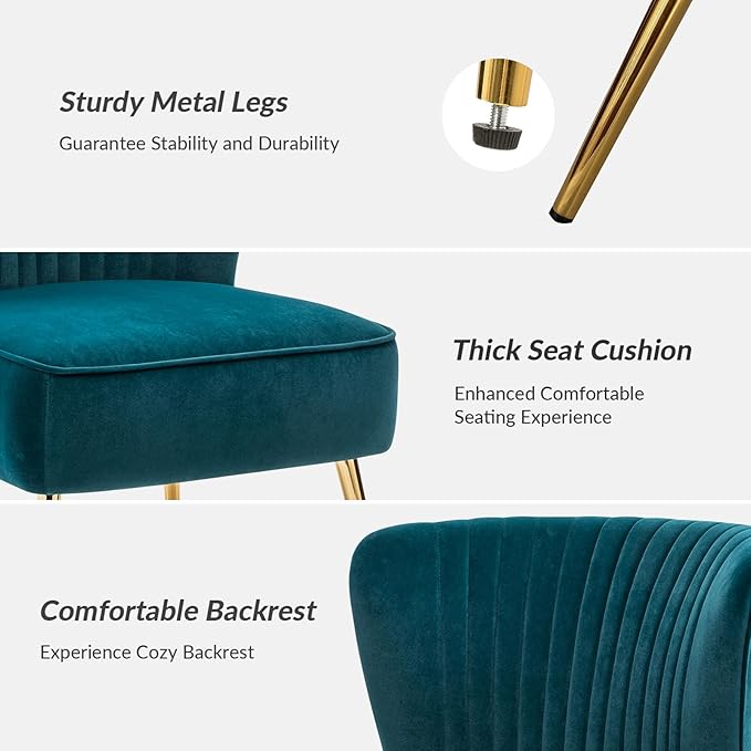 HULALA Home Velvet Accent Chair Set of 2 Modern Armless Upholstered Side Chair with Glam Gold Metal Legs for Vanity Living Room Bedroom - Teal