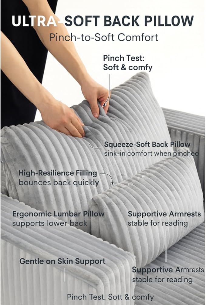 50.98'' Corduroy Boneless Couch with Square Armrests and 2 Cushions Modern Luxury Compressed Sofa Couch with Movable Ottoman No Assembly Required Living Room Apartment HotelGrey