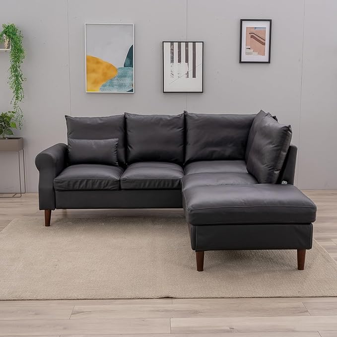 Panana Upholstered Sofa Couch Linen Fabric/Artificial Leather L Shaped Corner Sectional Modern Living Room Sofa (Black Faux Leather 5 seat Right Corner with Built-in USB Port)