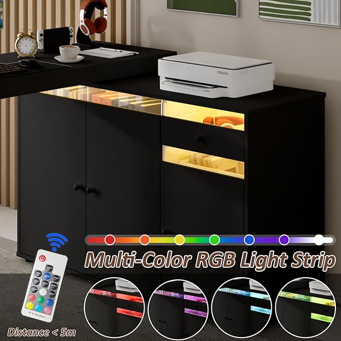 53 L-Shaped Computer Desk Rotating Home Office Desk with Storage Cabinet &amp Drawer Modern Craft/Study/Writing Table with LED Light Reversible Swivel Corner Desk Bedroom Black