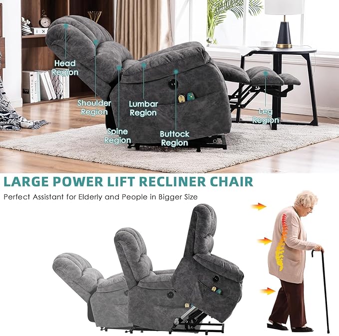 MEETWARM Large Power Lift Electric Recliner Chair with Extended Footrest for Elderly Big and Tall Lift Chair for Seniors Reclining Chair with Vibration Massage and Heated USB Ports(Plush-Grey)