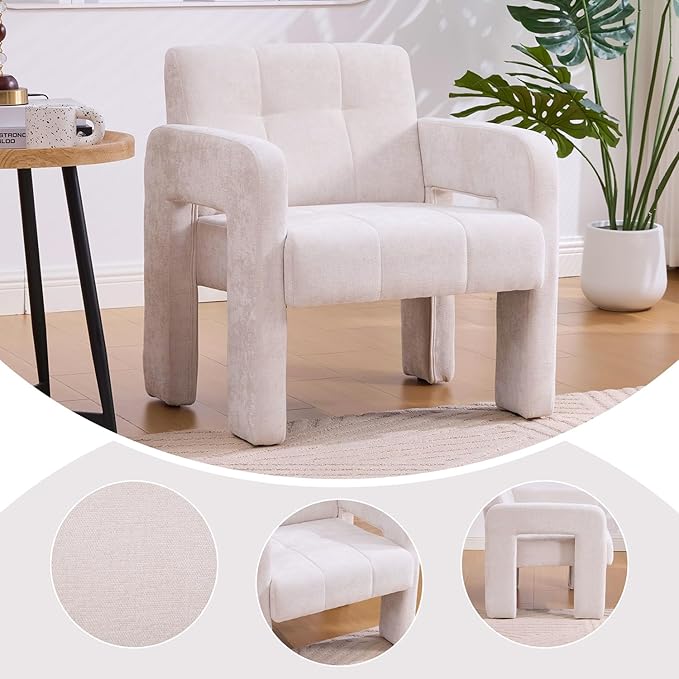 Modern Accent Chair Set of 1 Chenille Fabric Upholstered Reading Armchair Mid-Century Leisure Comfy Single Sofa Chair for Living Room Bedroom Home Office (Beige Set of 1)