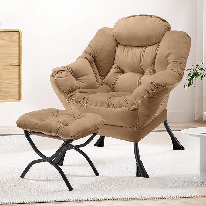 Lazy Chair with Folding Ottoman Modern Large Accent ChairContemporary Lounge Leisure Sofa Chair with Armrests Upholstered Sofa Armchair Reading Chair for BedroomDorm &amp Office(Khaki-f)
