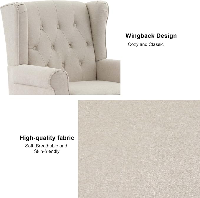 Accent Chair Upholstered Armchair with Button Tufted High Back &amp Solid Wood Legs Comfy Wingback Reading Single Sofa Chair for Small Spaces Living Room Bedroom (Beige Set of 2)