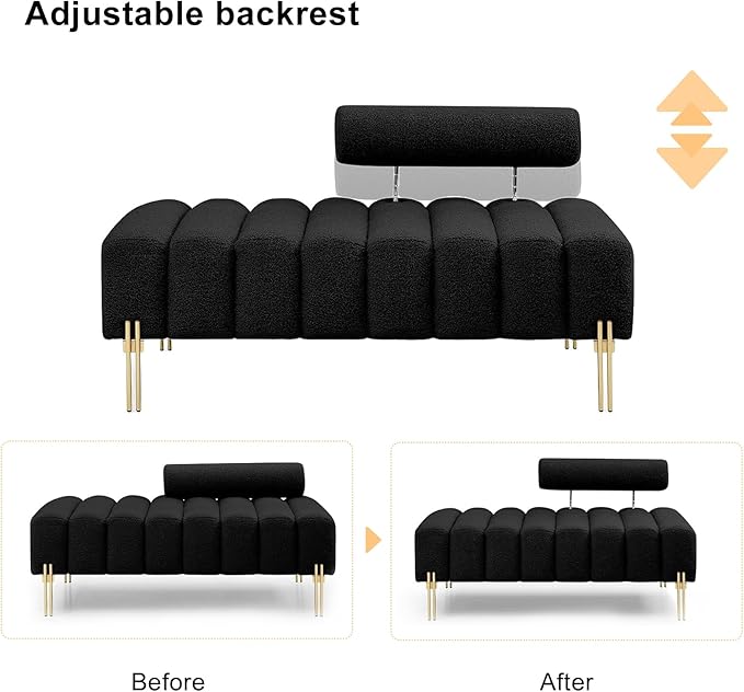 53.2 Modern Loveseat Sofa CouchUpholstered Couch Bench with Golden Legs and Adjustable BackrestSherpa Small Couches for Living Room Bedroom Office (Black)