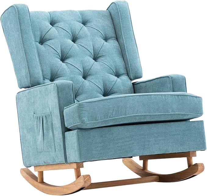 QQU Rocking Chair with Arms Leisure Chair IndoorComfy High Back Chair with Solid Wood Base Side Pocket for Living RoomBedroomOffice(A-Mint Green)