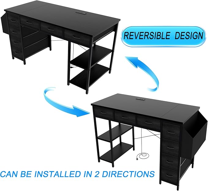 47.3 Computer Desk with 7 Drawers Extra Large Side Pocket and Power Outlets Ideal for Home Office Study or Gaming Black