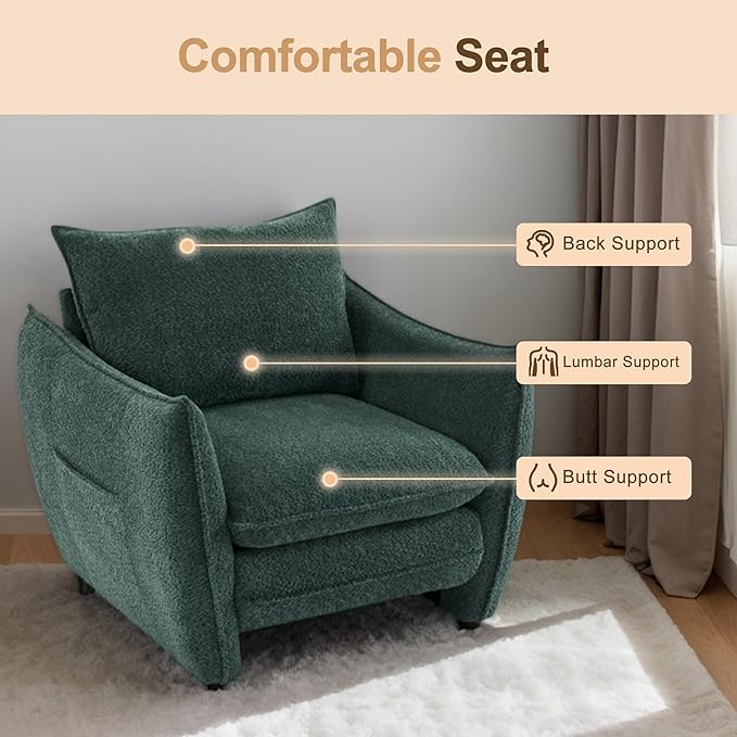 Oversized Accent Chair Modern Single Sofa Cloud Chairs with Removable Pillow Deep Seat Comfy Armchair for Living Room Bedroom Reading Nook - Upholstered Lounge Chair (Green)
