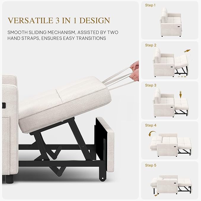 YITAHOME 55 Convertible Sofa Bed 3-in-1 Sleeper Sofa with Pull-Out Bed Cat-Scratch-Proof Futon Couch with 5-Levels Reclining Backrest USB and Side Pocket Modern Loveseat for Living Room Beige