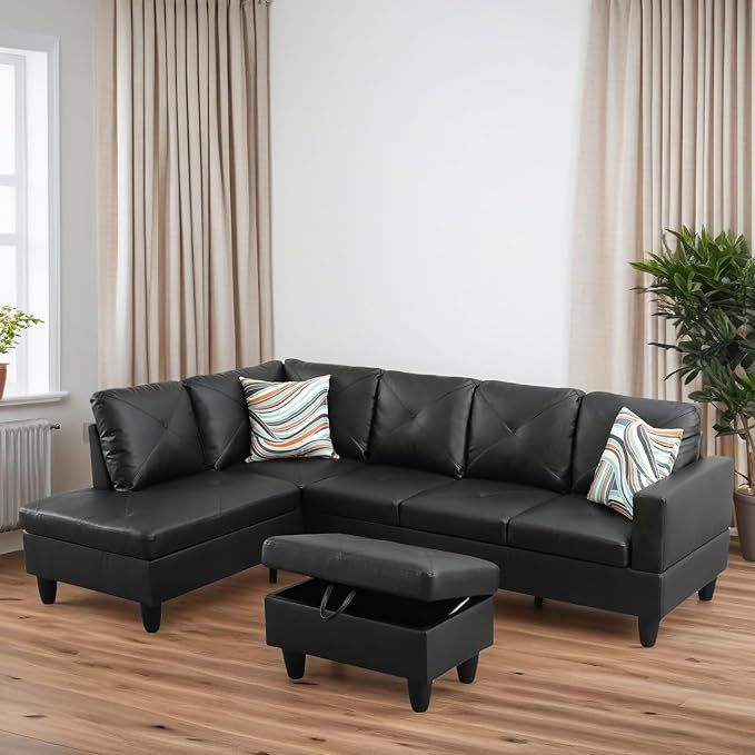 L-Shaped Sectional Sofa with Movable Chaise &amp Storage Ottoman Leather 3-Piece Modular Convertible Couches for Living Room Black