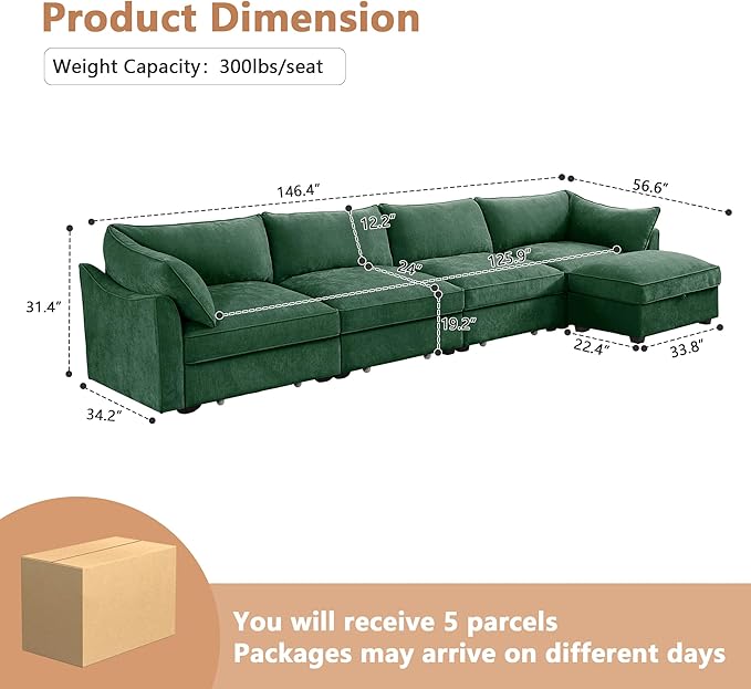 Modular Sectional Sofa with Pull Out Storage Drawers 146.4 L-Shaped Comfy Chenille 4-Seat Sofa with Storage Ottoman Upholstered Deep Seat Couch with 2 Armrest Pillows for Living Room Green