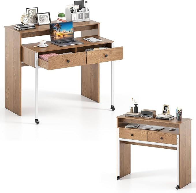 Giantex Small Computer Desk with Hutch &amp Drawers Extendable Writing Desk w/Pull Out Secondary Table Monitor Stand &amp Rolling Wheels Console Table Compact Desk for Small Spaces (Natural)