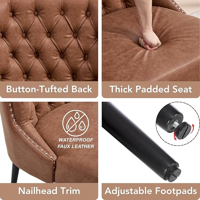 chairus Tufted Slipper Accent Chairs Set of 2 Faux Leather Upholstered Armless Living Room Chairs with Nailhead Trim Mid-Century Modern Wingback Side Chairs for Bedroom Office Brown PU