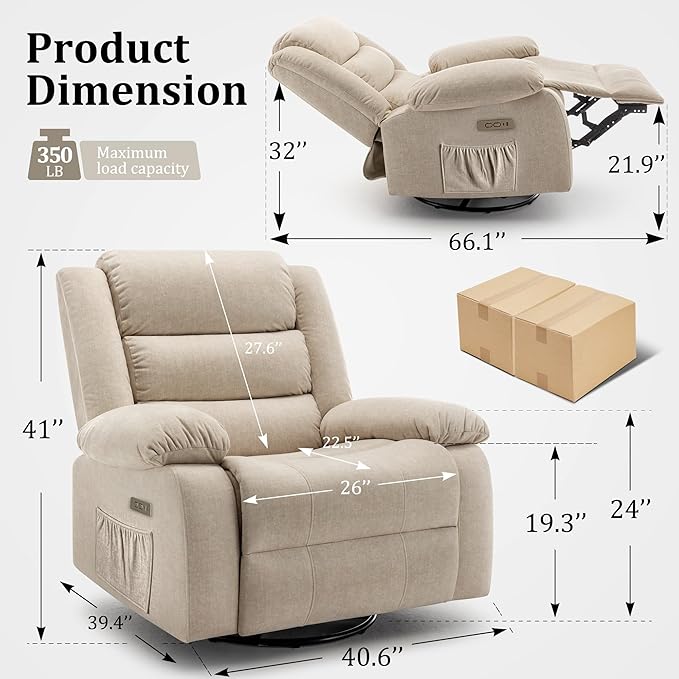 Power Recliner Chair Electric Rocker Recliner with Massage and Heat 270° Swivel Glider Oversized Wide Seat with USB Port Cashmere Nursery Chair for Living Room Khaki