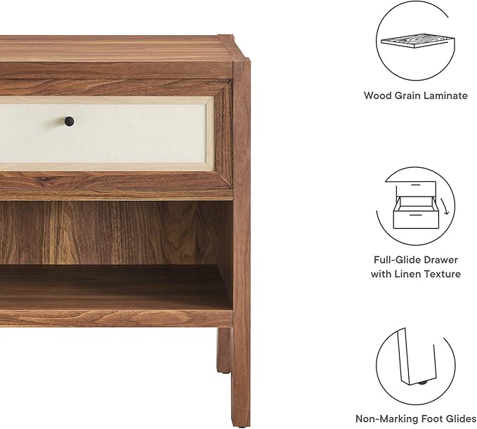 Modway Capri Mid-Century Modern Wood Grain Nightstand Bedside Table in Walnut Side Table with Drawer Nightstand with Storage