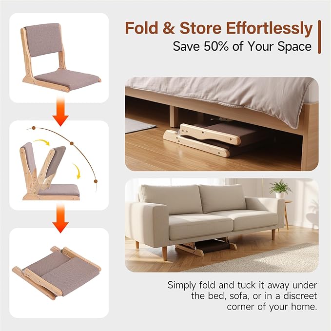 Tiita Floor Chair with Back Support Foldable Meditation Tatami Chairs Backrest Chair with Cushion Living Room Chair Seat 4 Pack Wood Grey