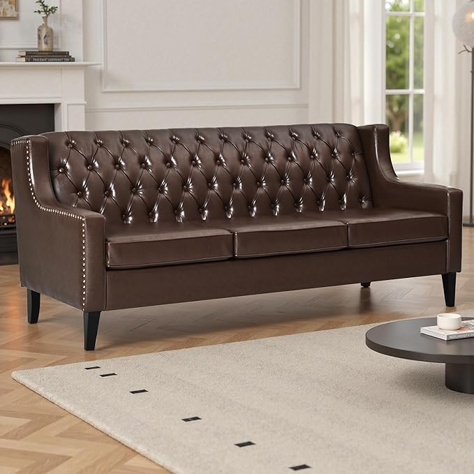 GDFStudio 78.75 3-Seater Sofa Button Tufted Backrest Big Comfy Couch with Cushions Mid Century Modern Couches Home Living Room Sofa Upholstered Sofas &amp Couches for Apartment Bedroom Dark Brow